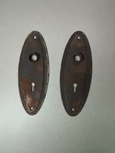 2 Vintage Antique Door Knob Back Plate Oval Beaded Japanned Copper Flashed Plate - Picture 1 of 7