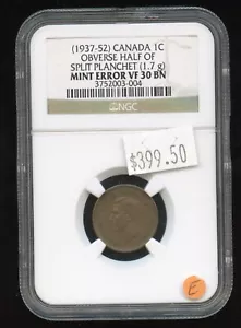 1937-52 Canada 1c Obverse Half of Split Planchet Mint Error VF 30 BN (1.7g) Cent - Picture 1 of 2