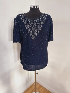 Vintage navy blue beaded top size 22 blouse shoulder pads short sleeve - Picture 1 of 8