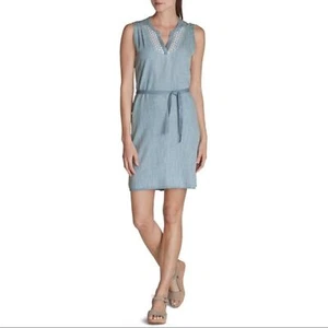 Eddie Bauer ärmelloses Chambray Kleid tranquil bestickt Gr. P 12 neu - Bild 1 von 7