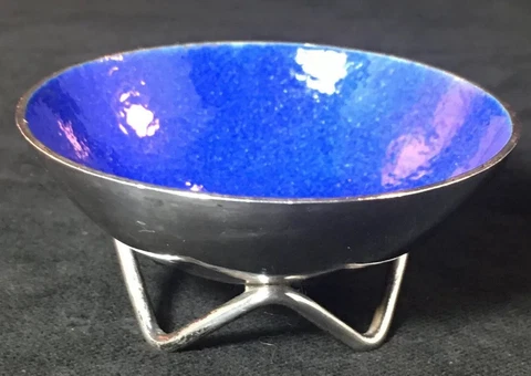 Modern Form Footed Enamel Sterling Silver Open Salt Cellar / Mint Dish Cover