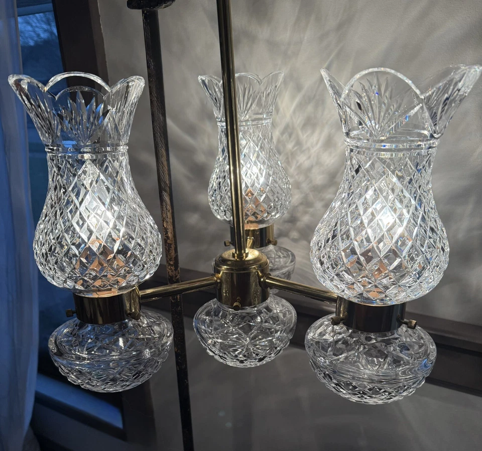 Waterford Lismore Three Arm Polished Brass Chandelier- Hurricane Lamp- Crystal - Image 1 of 4