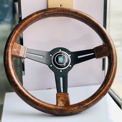 Car Sport Steering Wheel 14'' ND Brown Peach Wood Look ABS Black Spoke Racing - Image 1 of 4