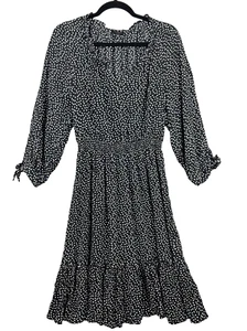 Talbots Dress Black White Dot Midi Dress Smocked Waist 3/4 Sleeve Ruffle Tier M - Picture 1 of 11