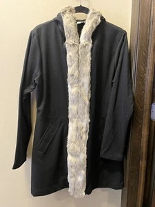 Boston Proper Woman’s Faux Fur Long black Coat With Hood Size L - Picture 1 of 6