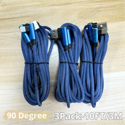 3 PACK 10ft Braided 90 Degree Angle Fast Charging Cable Charger Charge Sync Cord - Image 1 of 4