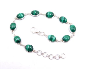 8.70 Gm 925 Sterling Silver Natural Malachite Cab Gemstone Fine Bracelet 8.1" - Picture 1 of 4