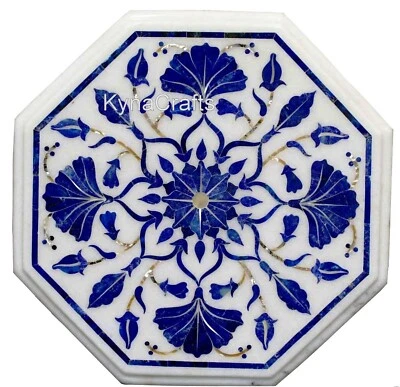 Lapis Lazuli Stone Inlay Work Side Table Top White Marble Coffee Table 12 Inches - Image 1 of 4