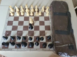 Set 4" Heavy Tournament Chess Pieces Natural/Black Brown Vinyl Board, Deluxe Bag - Picture 1 of 7