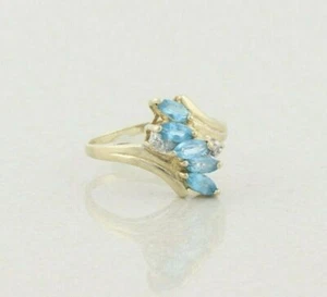 14k Yellow Gold sterling silver Lab Created Blue Topaz and Diamond Ring Sz 7 1/4 - Picture 1 of 4