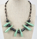 Vintage Brass Handmade Stone Spike Tribal Necklace 17 In  Green Gray Hook Clasp