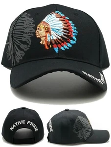 Native Pride New Leader Chief Head Indian Warrior Feathers Black Era Hat Cap - Picture 1 of 9