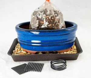 6" Oval Blue Glazed Bonsai, Succulent Pot + Soil + Tray + Rock + Mesh & Wire Kit - Picture 1 of 9