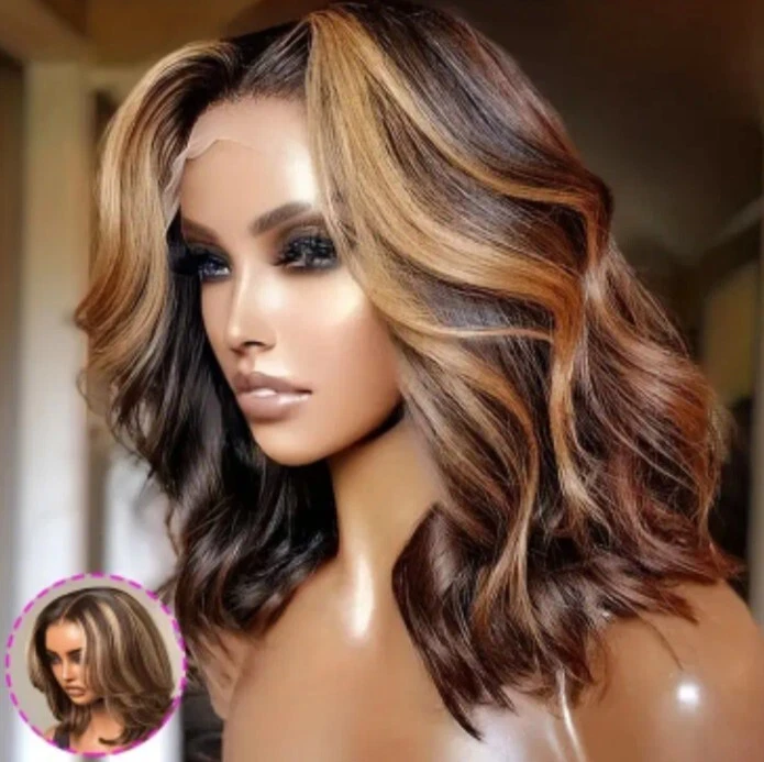 Peluca frontal de encaje ondulada corporal ombre rubia miel de 12 pulgadas - Peluca Bob cabello humano  Foto 1 de 4