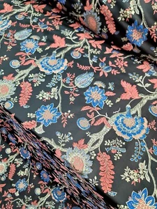 Brocade Floral Flowers Blue Coral Fabric Sold by the yard Black Jacquard For Dre - Picture 1 of 10