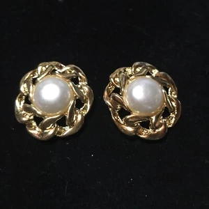 Vintage Gold Tone & Faux Pearl Cabochon Shoe Clips Adornment Womens Unsigned - Picture 1 of 3