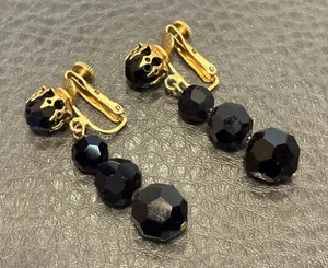 Orecchini Vintage Vendome Clip On Tono Oro Nero Pendente Designer Denti di Cane Punte - Foto 1 di 6