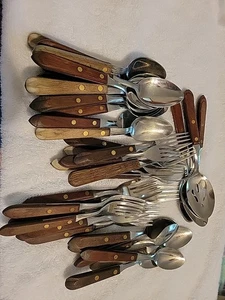 Mixed Wood Handled Stainless Steel Flatware Lot - Picture 1 of 7
