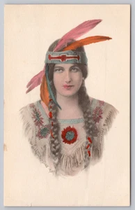 1912 Schlesinger Bros Hand Colored Postcard American Indian Maiden Sketch (READ) - Picture 1 of 5