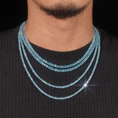 🔥 Collar Cadena Tenis VVS MOISSANITE Azul - Plata de Ley 925 - Hombres Mujeres Foto 1 de 4