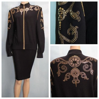 St John Evening Knit Black Jacket Blazer XL 14 16 12 Gold Studded Trim Zip Front - Image 1 of 4