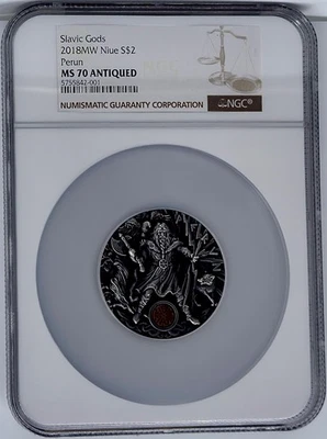 Perun Slavic Gods $2 Silver 2 Oz  coin 2018 MW Niue NGC MS 70 Antiqued  500 Mint - Image 1 of 2