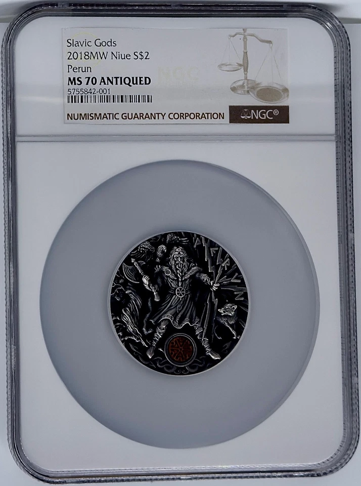 Perun Slavic Gods $2 Silver 2 Oz  coin 2018 MW Niue NGC MS 70 Antiqued  500 Mint - Image 1 of 2