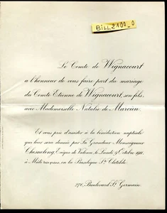 2 faire-part de Mariage Comte Etienne de Wignacourt avec Mlle Natalie de Marcieu - Foto 1 di 2
