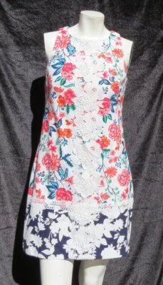 $138 ELIZA J White Floral Print Lace Applique Sleeveless Shift Mini Dress XS 2 - Image 1 of 4
