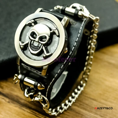 AU Men's Punk Biker Skull Bullet Chain Wide Leather Band Cuff Quartz Wrist Watch - image 1 of 4