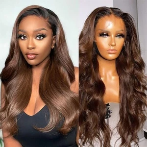 Ombre Auburn Brown Body Wave 13x4 Lace Front 100% Human Hair Wigs Pre Plucked  - Picture 1 of 10