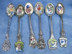 Souvenir SILVER SPOONS Set ENAMELED Klepa Arts VTG Flowers Fruit CZECHOSLOVAKIA - Picture 1 of 8