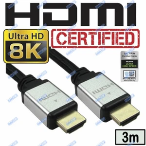 V2.1 SILVER 3m ULTRA HD CERTIFIED 8K HDMI LEAD UHD HDR PS5 XBOX TV BRAIDED CABLE - Picture 1 of 1