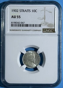 Straits Settlements 1902 Silver Coin 10 Cents Edward VII Pre Malaysia NGC AU 55 - Picture 1 of 2