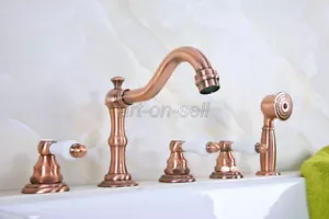 Antique Copper Ceramic Handle Bathroom Roman Tub Faucet 5 Holes Set Hand Shower - Picture 1 of 9