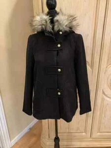 New ZARA Black Woman Coat With Hood Detachable Faux Fur Trim size S Y526 - Picture 1 of 8