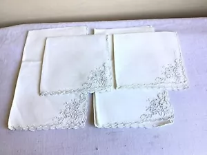 Vintage Menge 6 Elfenbein Creme Bestickt Blumen Jakobsmuschel Rand Quadrat Stoffservietten - Bild 1 von 7