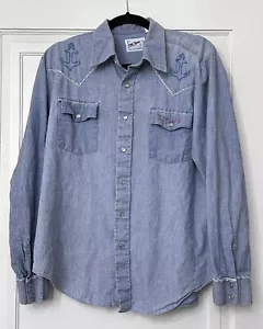 Vintage 70’s Pine Trail Embroidered Long Sleeve Denim Shirt Tropical Pearl Snap - Picture 1 of 8