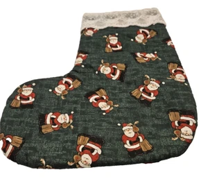 HANDMADE GREEN PADDED STOCKING WITH LACE & SANTA PATTERN 16" - Picture 1 of 2