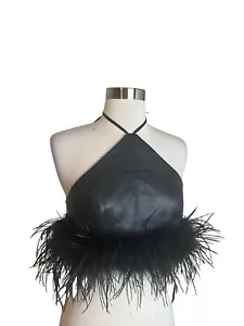 Lamarque Aiss Top Size XS Black Leather Feather Hem Halter Crop Revolve - Picture 1 of 9