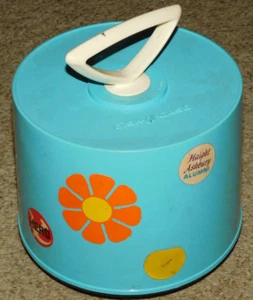 VINTAGE DISK GO CASE 45 RPM RECORD HOLDER STORAGE in TURQUOISE HIPPIE STICKERS - Foto 1 di 8