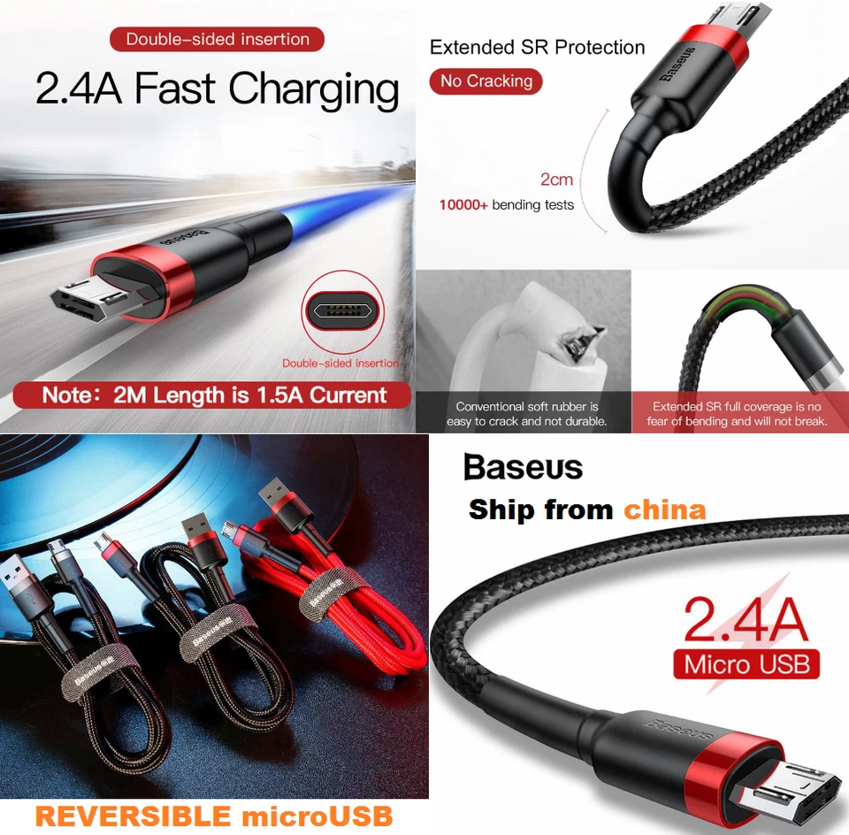 Baseus REVERSIBLE Micro USB Cable MicroUSB Cord android FAST Charging chargeur  - Image 1 of 4