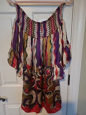 Voom Silk Purple Red Green Off The Shoulder Bell Sleeve Midi Dress L - Image 1 of 4
