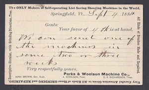1884 PARKS & WOOLSON MACHINE CO SPRINGFIELD VT, HACE MÁQUINAS DE CORTE ETC - Imagen 1 de 1