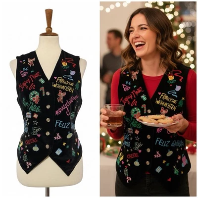 Chaleco De Colección Años 90 Cambridge Dry Goods Navidad Colorido Algodón Bordado Para Mujer M Foto 1 de 4