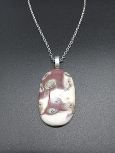Agate Cabochon Pendant Necklace 23" Long Sterling Silver Chain Brown White - Picture 1 of 1