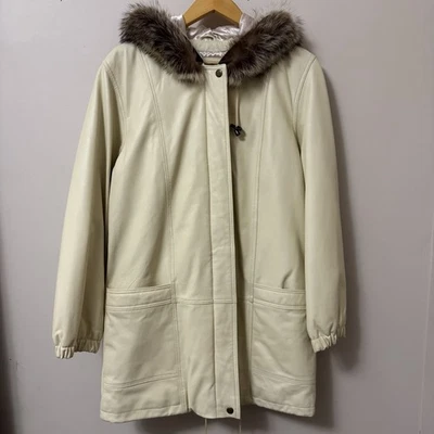 (S) leather white cream parka button zip up jacket coat with fur hood - Image 1 of 4