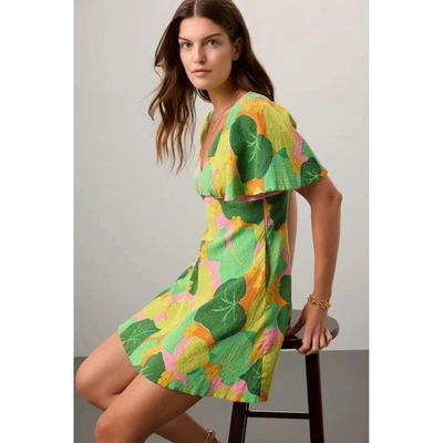 Kate Spade Cucumber Floral Mini Dress Green Yellow Smocked V Neck Sz 2 - Image 1 of 4