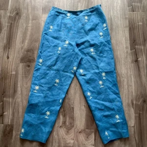 Talbots Irish Linen Pants Size 10 Blue Embroidered Palm Trees Cropped Trousers - Picture 1 of 10