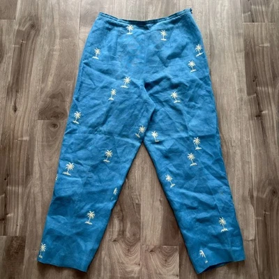 Talbots Irish Linen Pants Size 10 Blue Embroidered Palm Trees Cropped Trousers - Image 1 of 4